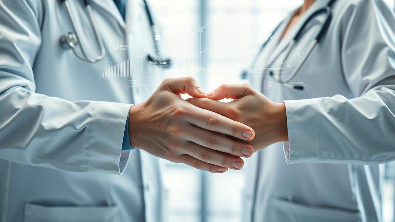 Aperto de mãos entre médico e paciente com gráficos abstratos de comunicação e registros, transmitindo confiança.