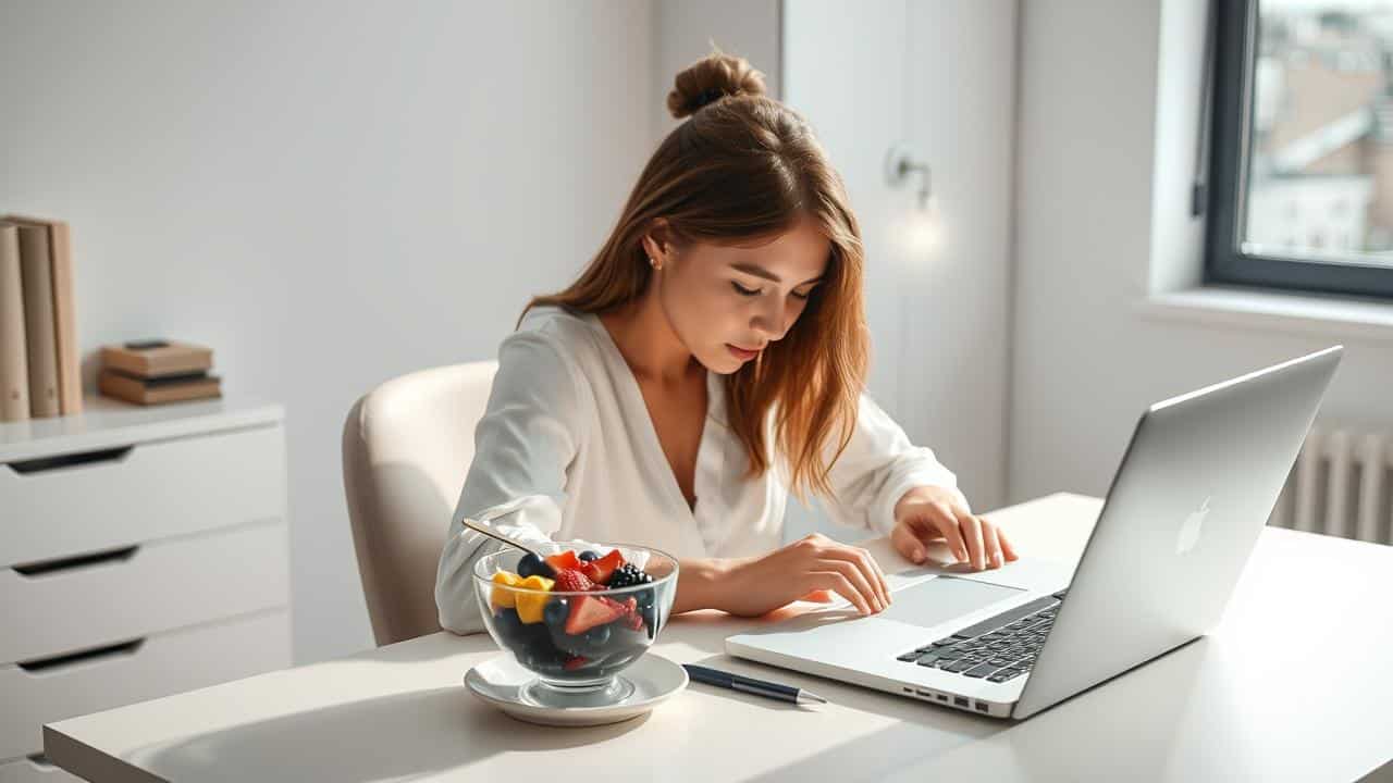 Arte digital minimalista de uma pessoa focada em um escritório, com um café da manhã low carb e um brilho sutil na cabeça simbolizando clareza mental e energia.