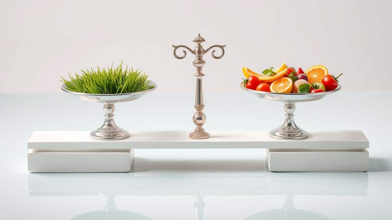 Balança equilibrada com chá e ervas de um lado, comida saudável e tênis do outro, simbolizando equilíbrio e orientação profissional.
