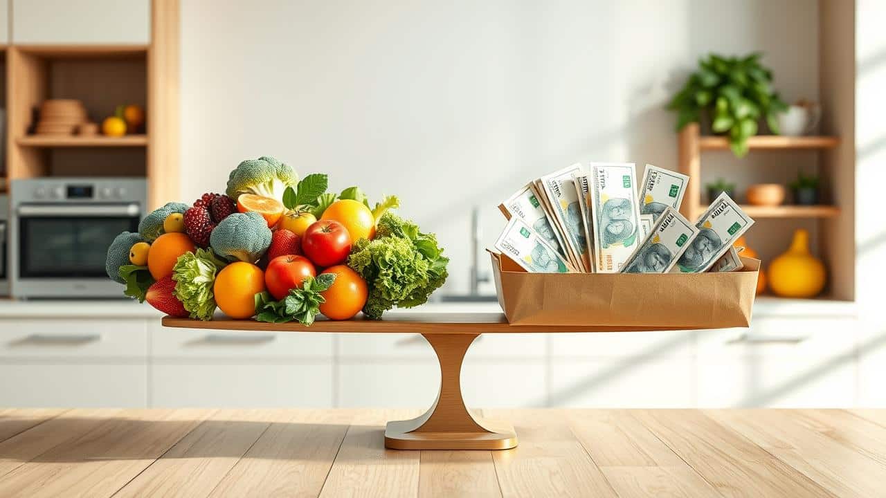 Balança estilizada com frutas e vegetais de um lado e uma carteira com moedas do outro, simbolizando o equilíbrio entre saúde e economia.