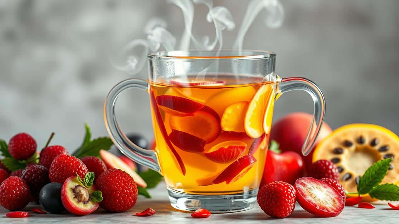 Bule de vidro com infusão colorida de chás, gengibre, abacaxi, frutas vermelhas e carqueja, sugerindo sinergia.