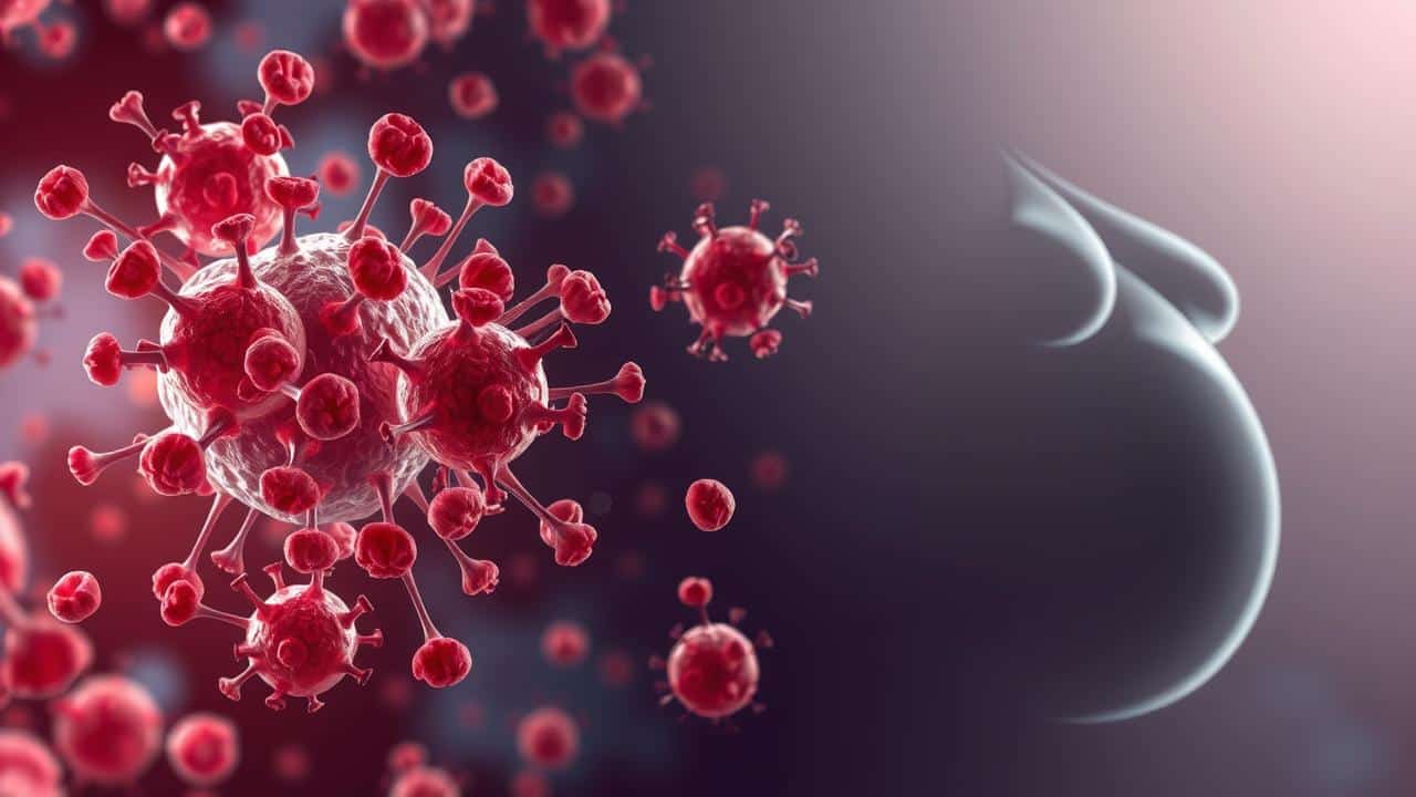 Células cancerígenas em batalha com células imunológicas, com silhueta de pessoa emagrecedora ao fundo, representando caquexia.