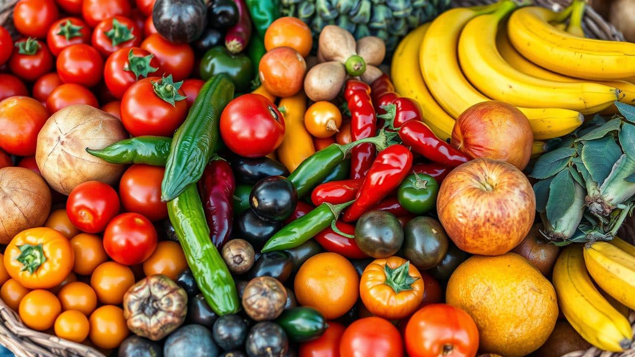 Cesta rústica de mercado com uma variedade abundante de frutas e vegetais frescos e coloridos da estação.