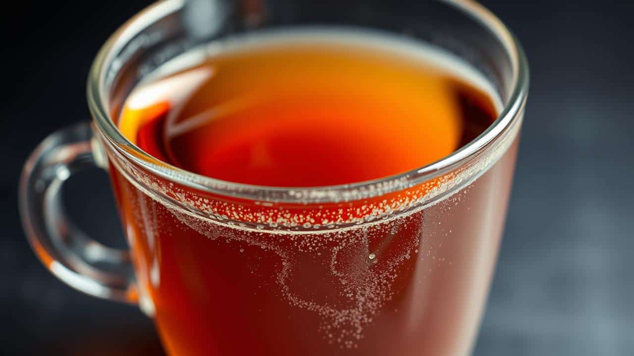 Chá diurético em copo transparente com efeito visual de alívio de inchaço ao fundo.