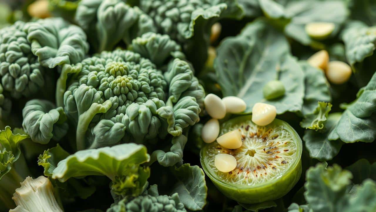 Close-up de vegetais verdes frescos com símbolos de vitaminas e minerais.