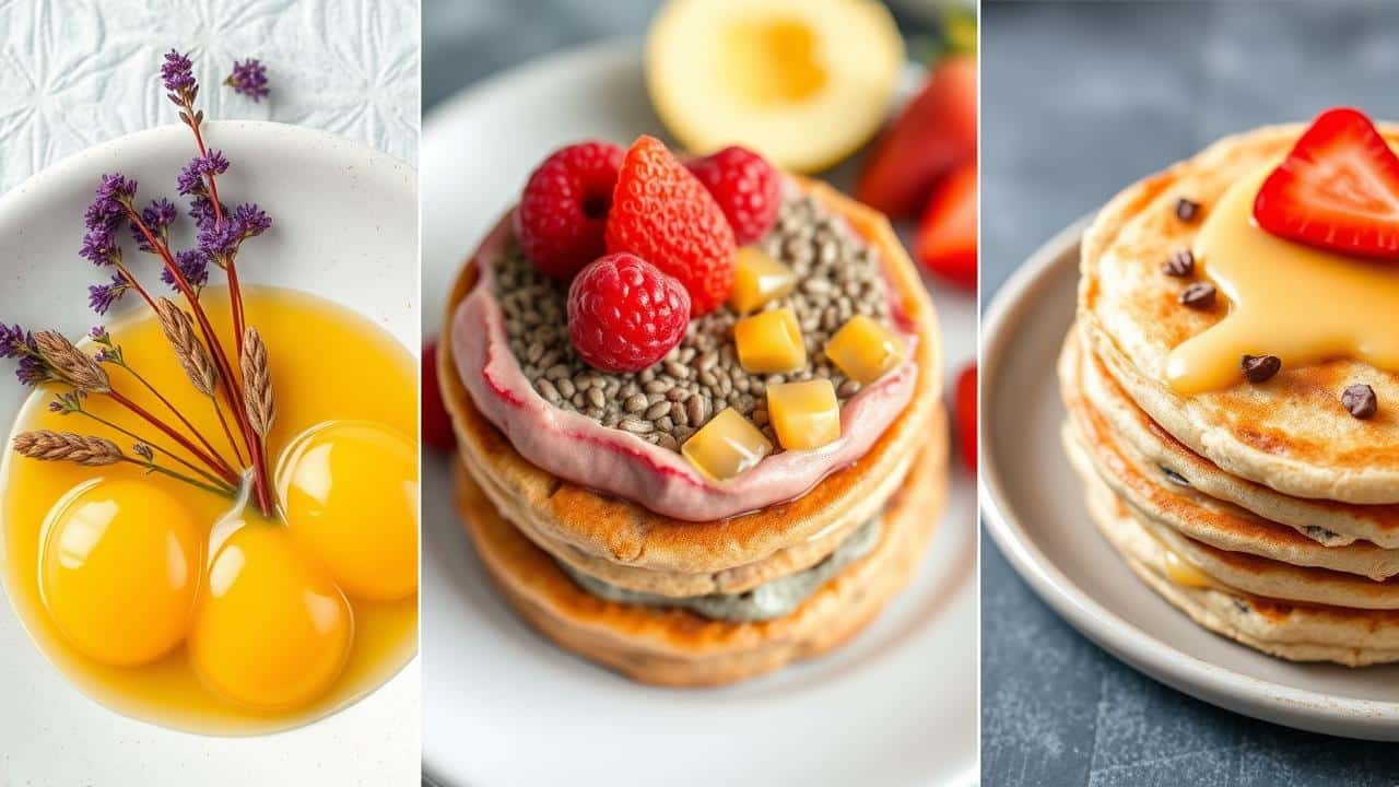 Colagem de diversas receitas de café da manhã low carb: ovos mexidos, pudim de chia, sanduíche 'sem pão' e panquecas, transmitindo variedade e prazer culinário.