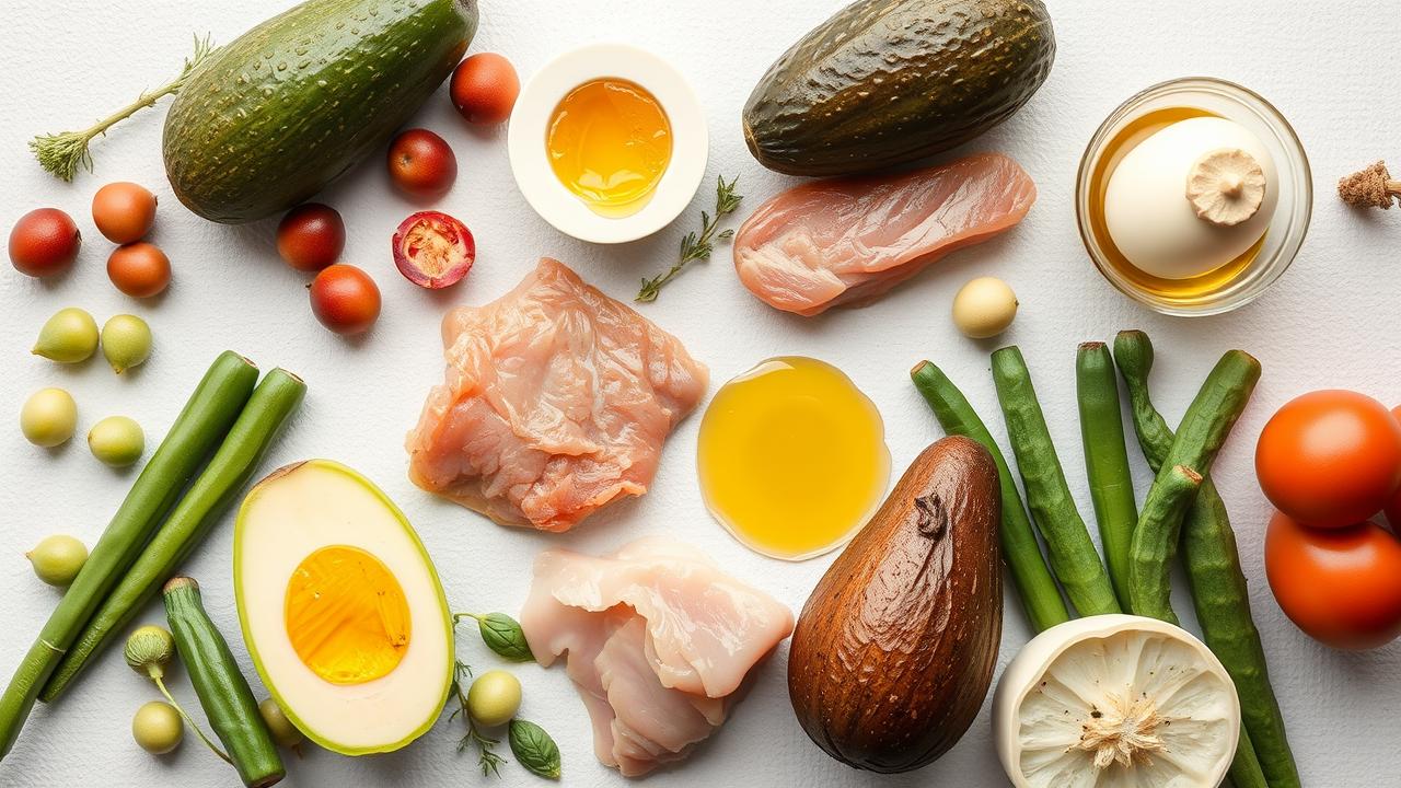 Composição 'flat lay' de alimentos low carb frescos, incluindo carnes magras, ovos, abacate, nozes e vegetais verdes, com azeite.