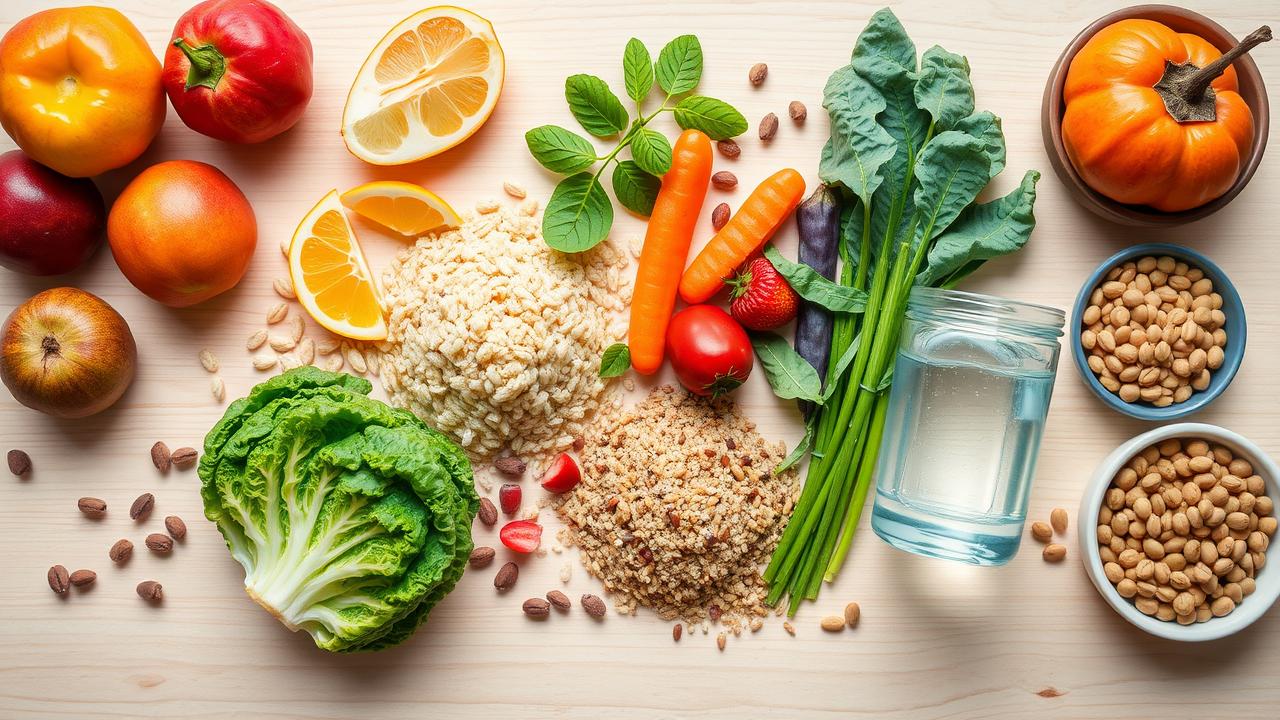 Composição 'flat lay' de alimentos saudáveis: frutas, vegetais, grãos, proteínas e água.