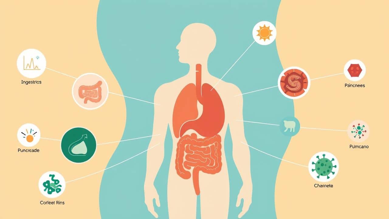 Diagrama conceitual com figura humana conectada a órgãos estilizados, com ícones abstratos de causas médicas como bactérias, vírus e células cancerosas.