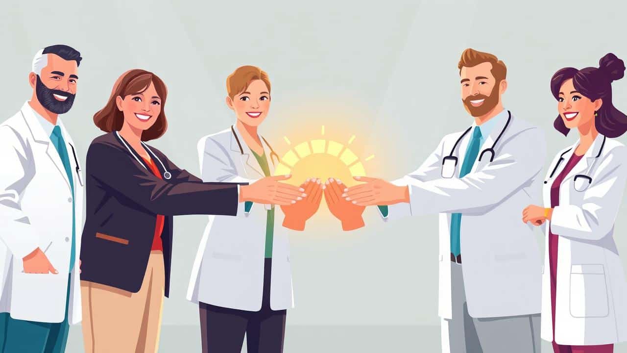 Equipe multidisciplinar de saúde colaborando em torno de um símbolo de recuperação.