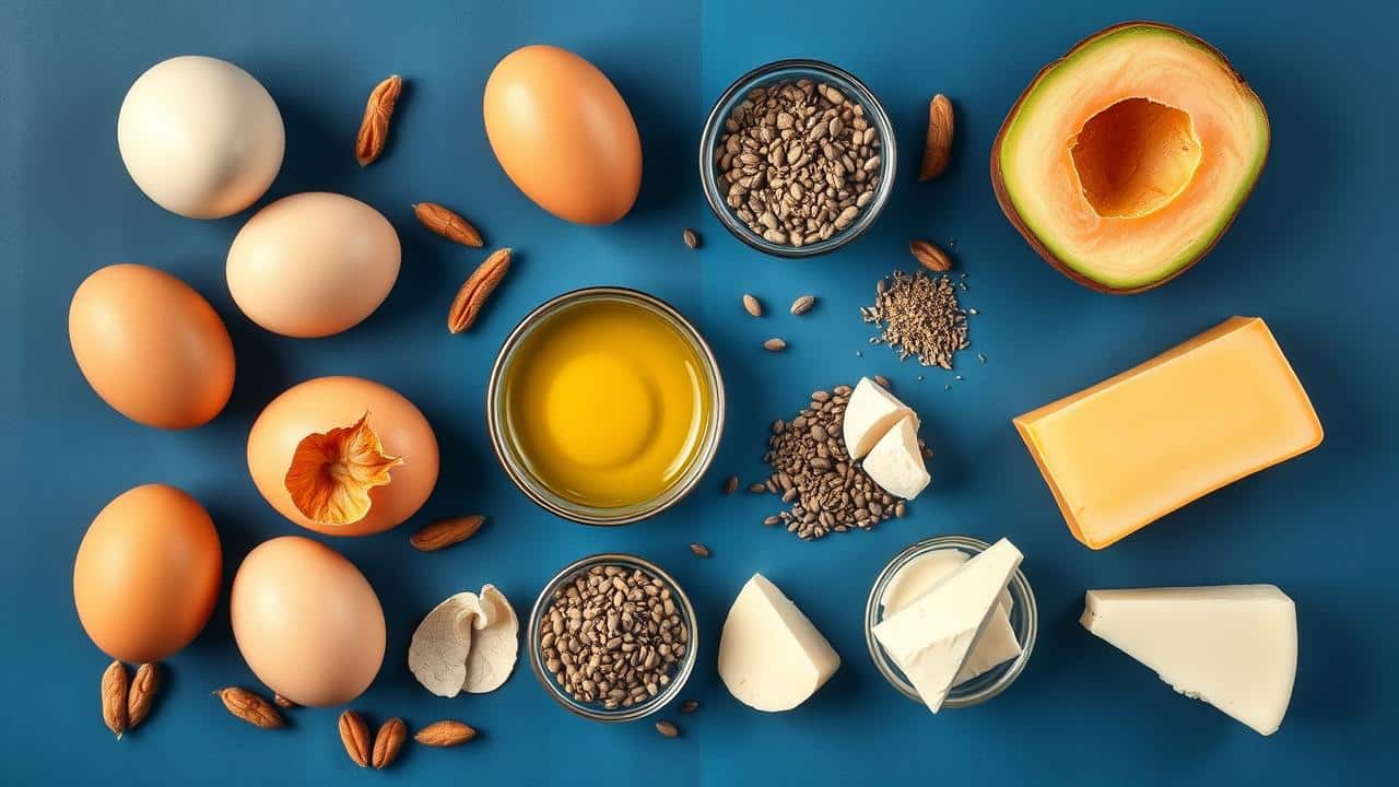 Flat lay de ingredientes de café da manhã low carb: ovos, abacate, azeite, sementes e proteína magra, destacando frescor e pilares nutricionais.