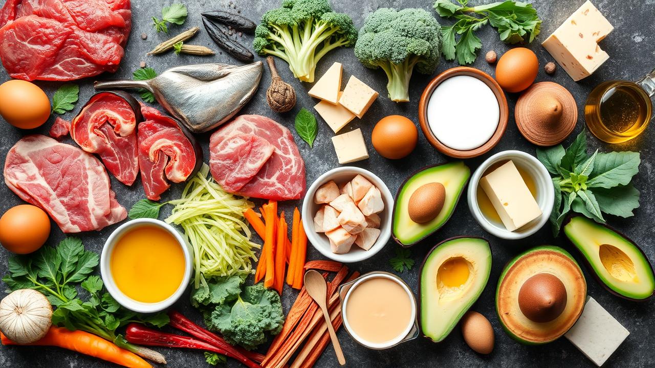 Flat lay vibrante com uma variedade de alimentos Keto e Low Carb, como carnes, peixes, vegetais, abacate, óleos e queijos.