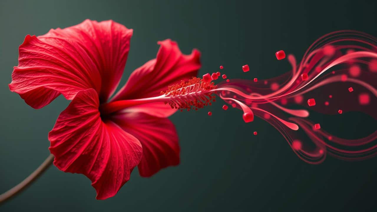 Flor de hibisco vibrante com efeitos gráficos abstratos de inibição de absorção e queima de gordura, em estilo artístico e fluido.