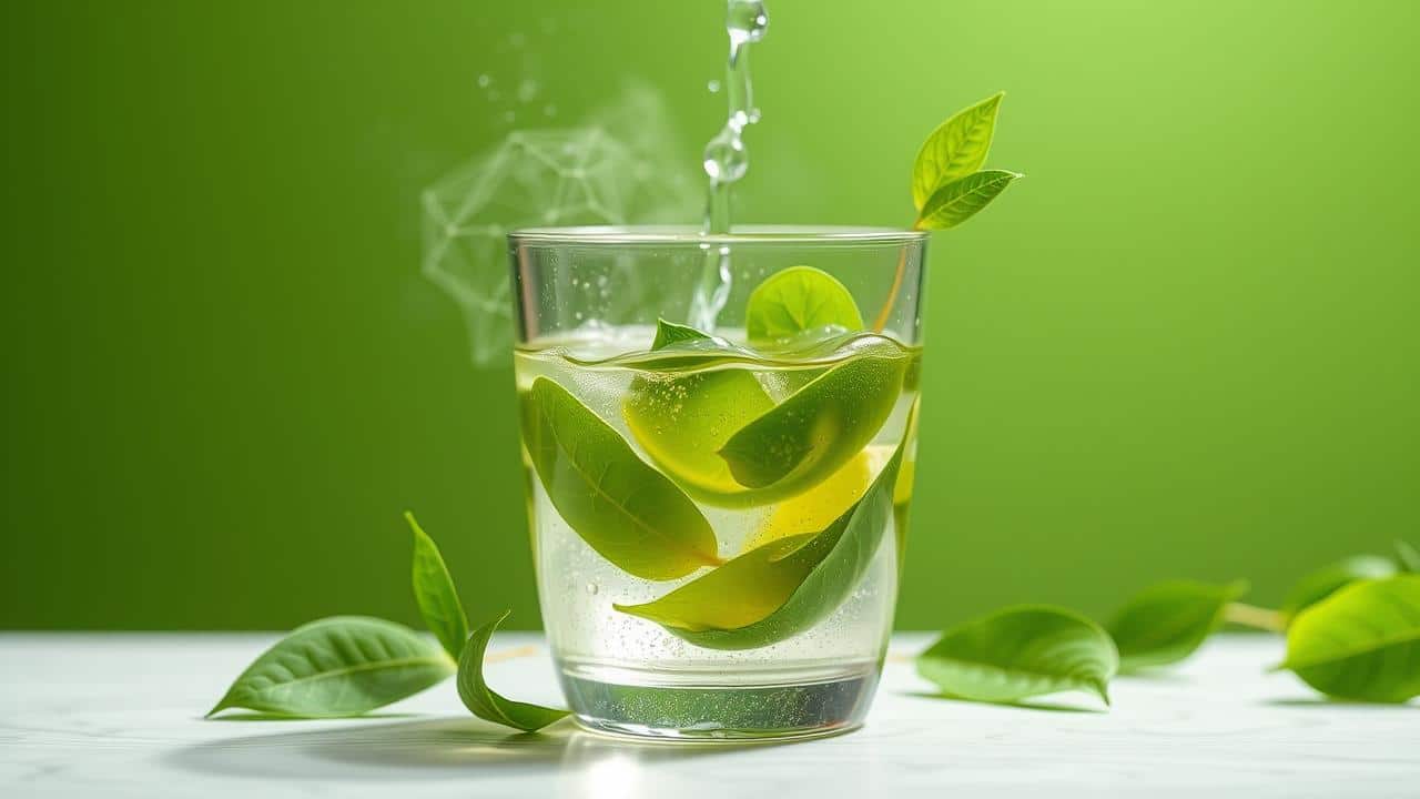 Folhas de chá verde em infusão em xícara transparente, com efeitos visuais de moléculas e metabolismo acelerado.