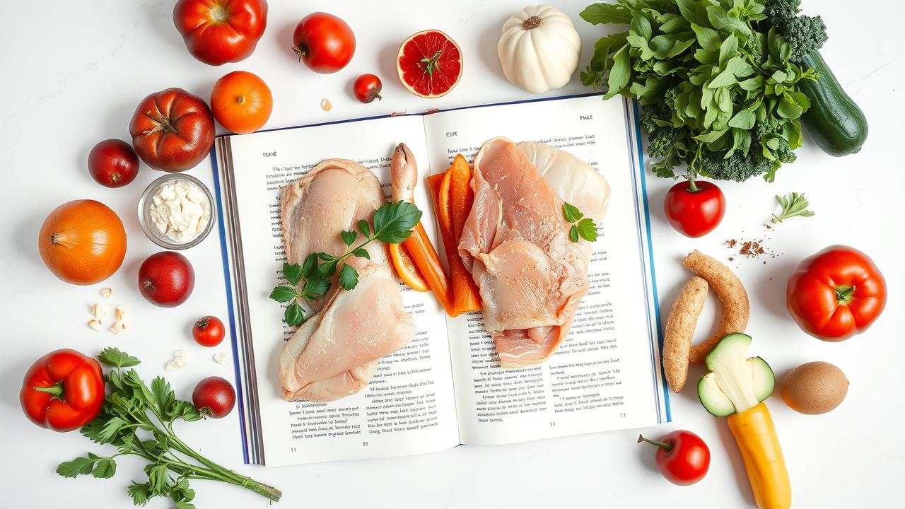 Foto 'flat lay' de ingredientes frescos low carb, como salmão, vegetais verdes, frutas vermelhas e abacate, em uma bancada de cozinha, com um livro de receitas aberto.