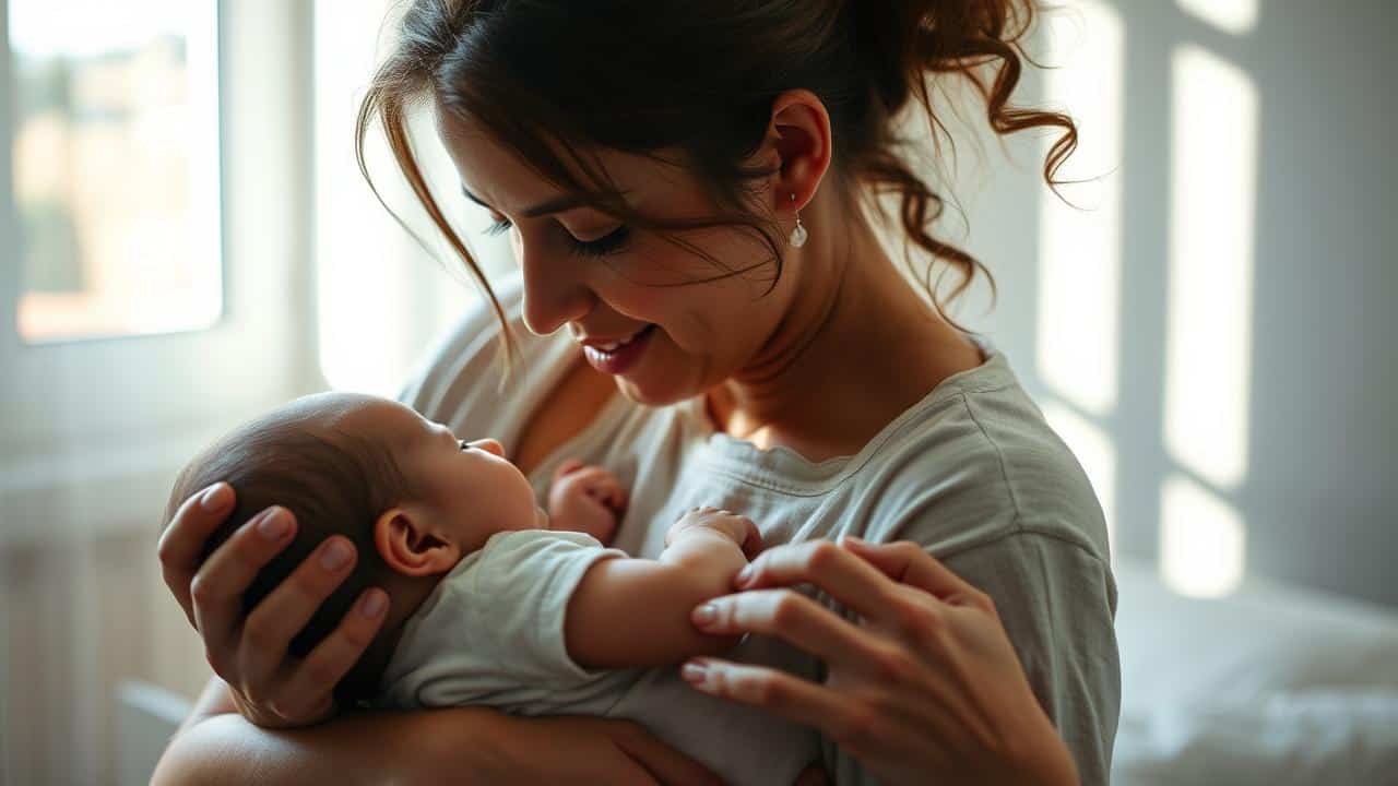 Mãe amamentando bebê, transmitindo carinho e proteção em ambiente acolhedor.