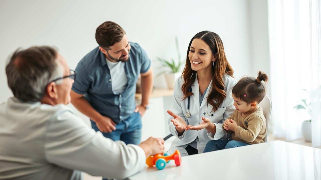 Pediatra consultando pais e criança em consultório, transmitindo confiança e cuidado.