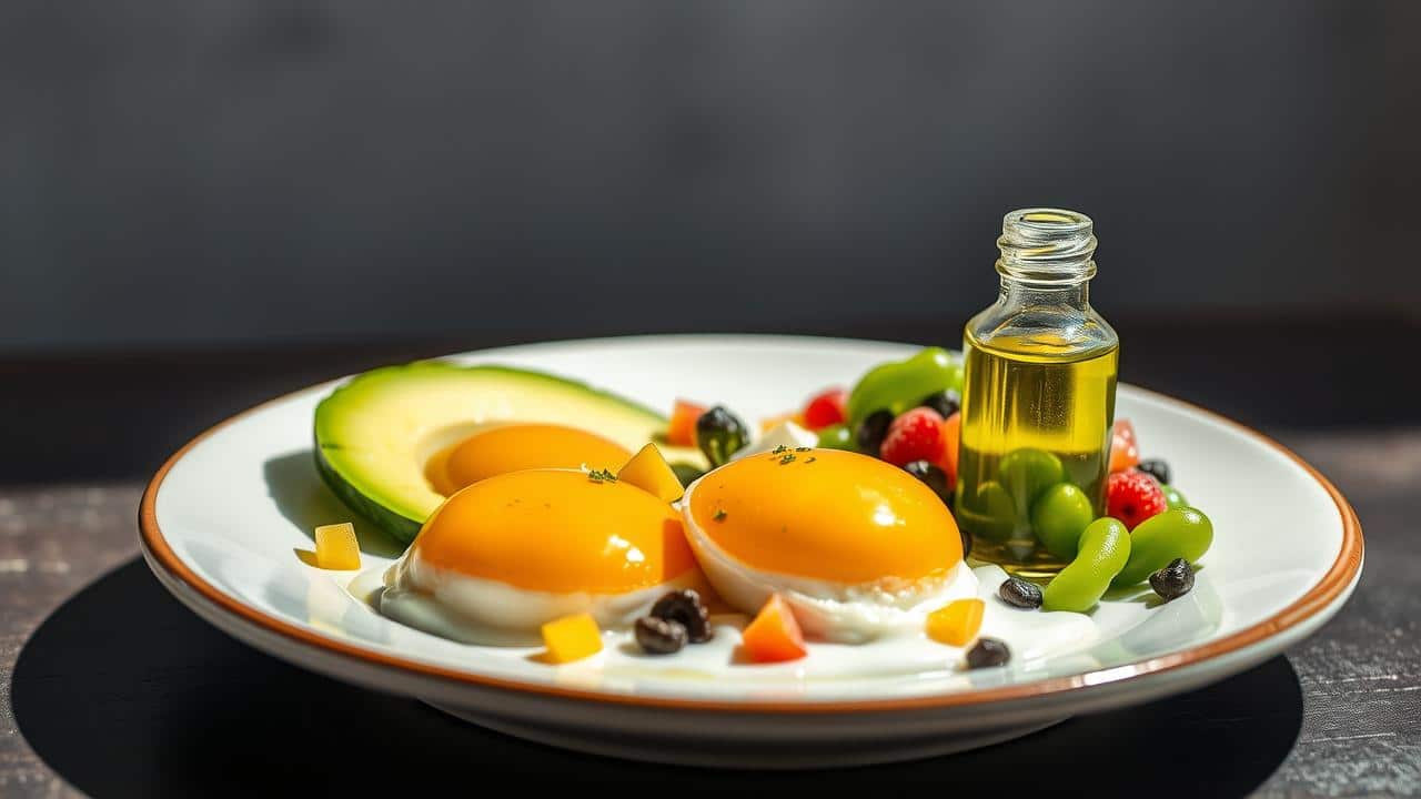 Fotografia realista de um prato de café da manhã low carb com ovos, abacate e nozes, com uma ampulheta sutil, simbolizando saciedade e energia duradoura.