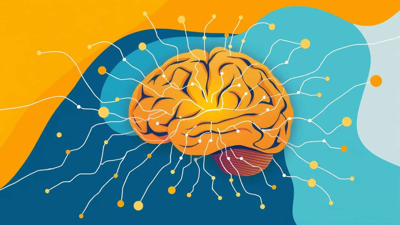 Ilustração abstrata de um cérebro com vias neurais brilhantes, simbolizando clareza mental e energia estável da dieta cetogênica.