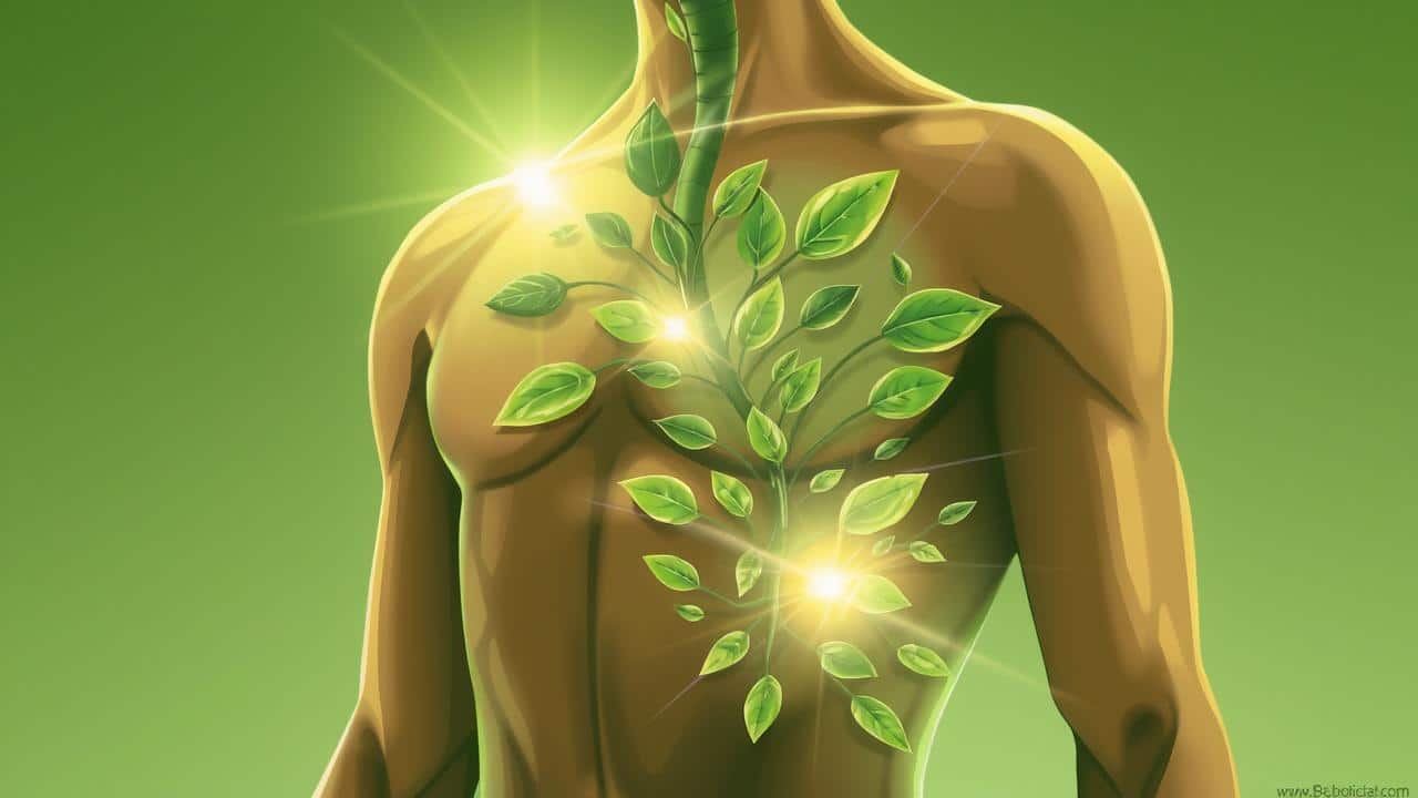 Ilustração abstrata do fígado humano brilhando com energia purificadora e chás desintoxicantes.