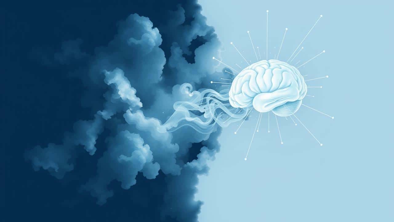Ilustração abstrata da transição de uma mente nebulosa para uma mente clara e focada.
