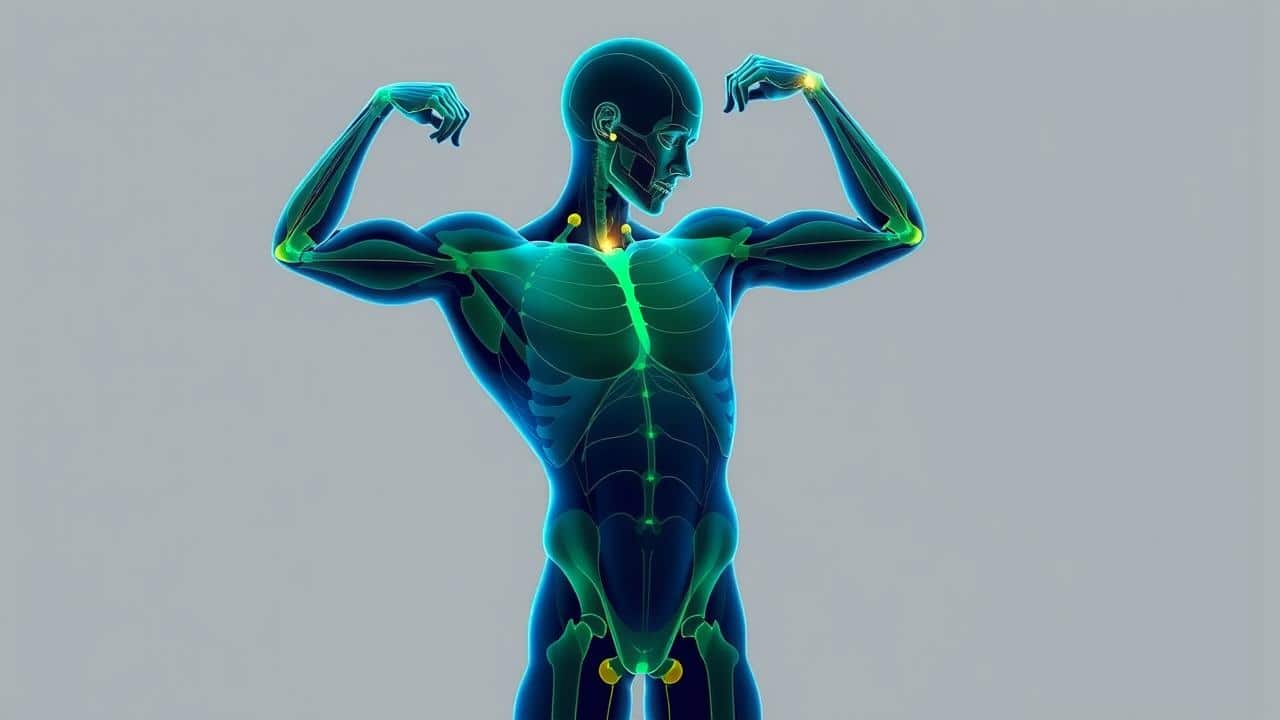 Ilustração anatômica estilizada de corpo humano em flexão, destacando sinergia e ativação muscular integrada.