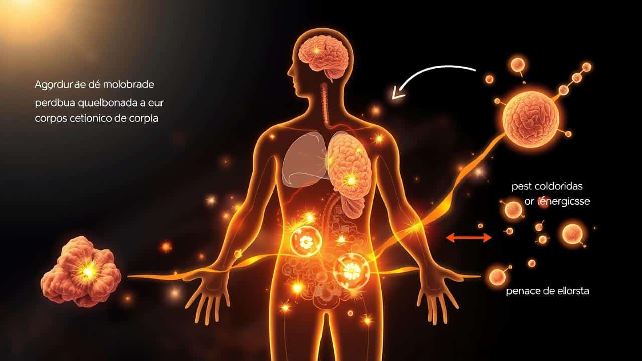 Ilustração científica dinâmica do ciclo da cetose, mostrando a transformação de gordura em energia para cérebro e músculos.