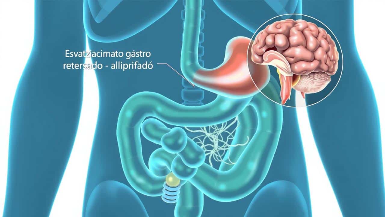 Ilustração científica do sistema digestivo com Rybelsus, mostrando esvaziamento gástrico retardado e saciedade cerebral.