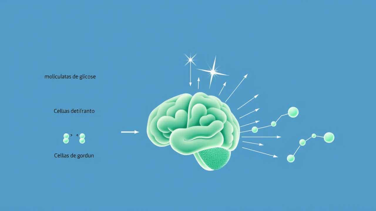 Ilustração científica mostrando a transformação do metabolismo para cetose, queimando gordura para energia cerebral e muscular.