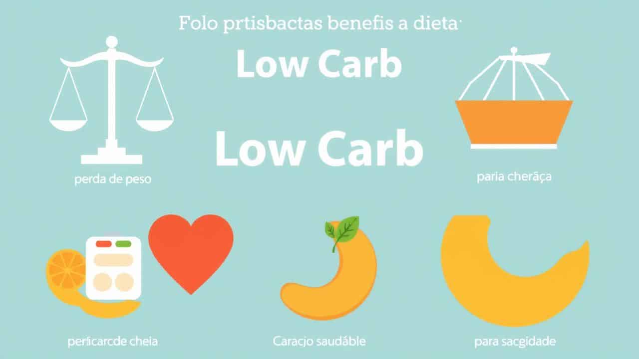 Ilustração combinando ícones visuais para os benefícios da dieta Low Carb: perda de peso, energia, saúde metabólica e saciedade.
