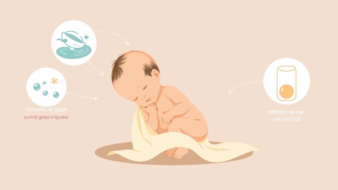 Ilustração conceitual de recém-nascido com seta de perda de peso e símbolos de adaptação.