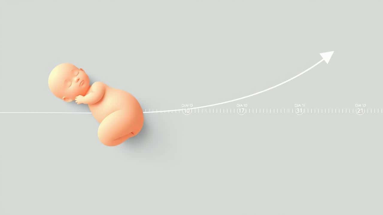 Ilustração conceitual de um bebê crescendo em uma linha do tempo, simbolizando a recuperação de peso entre 10 e 21 dias.