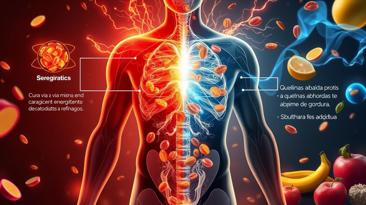 Ilustração conceitual do corpo humano com duas vias energéticas: uma escura associada a carboidratos refinados e outra brilhante e ativa associada a proteínas e gorduras saudáveis.