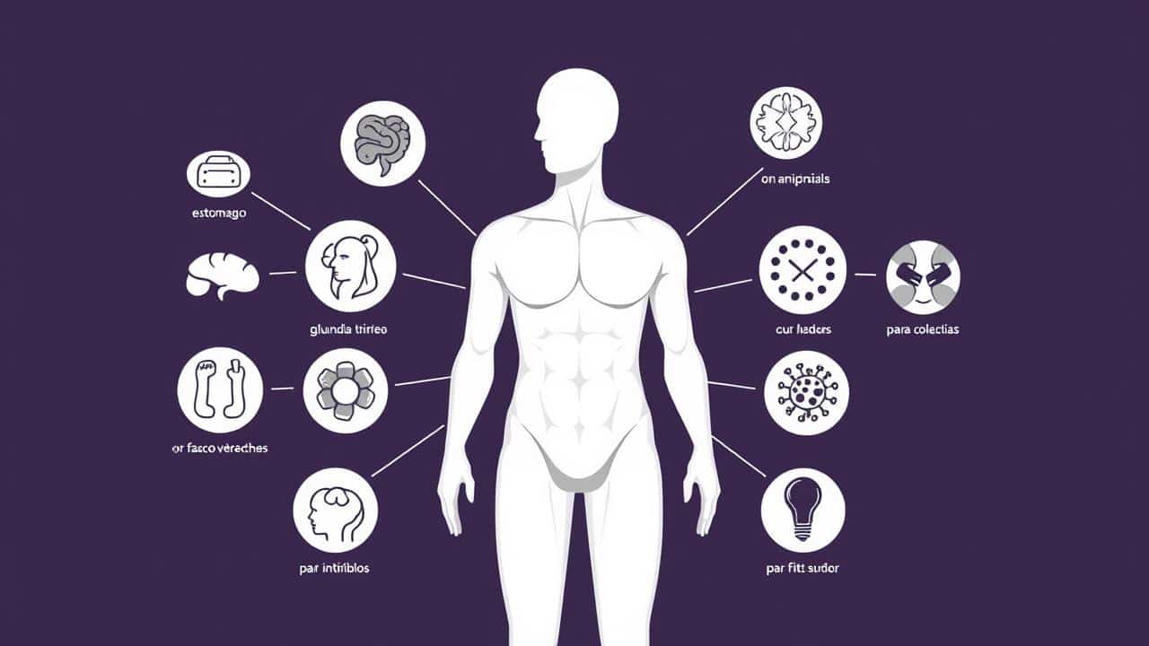Ilustração conceitual do corpo humano rodeado por símbolos médicos de diversas causas de peso, como tireoide, estômago e vírus.