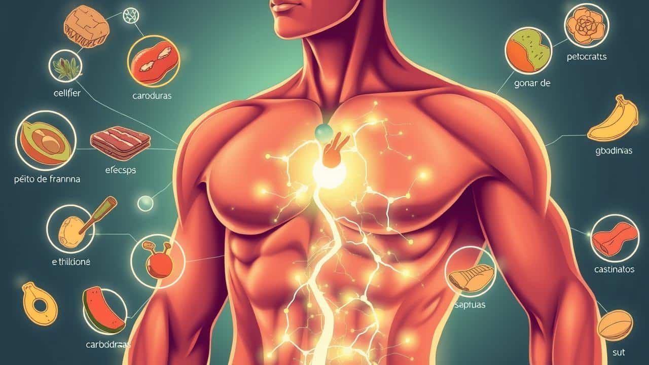 Ilustração conceitual do corpo queimando gordura para energia, com destaque para proteínas e gorduras, mostrando vias metabólicas.