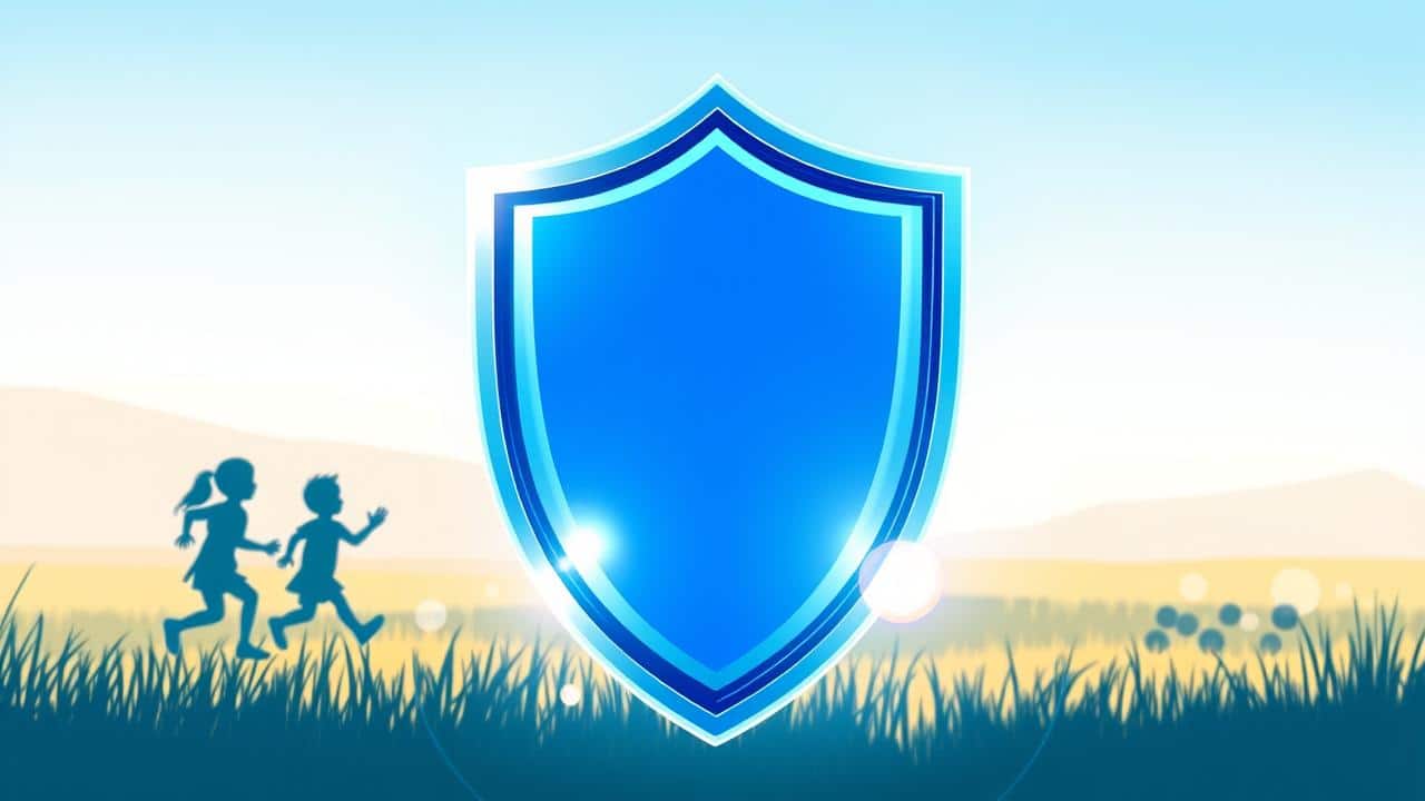 Escudo protetor azul e prata com silhuetas de crianças, simbolizando vacinação.