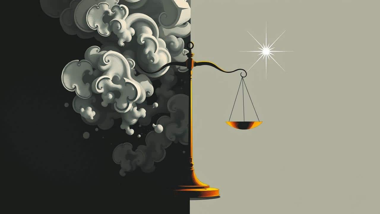 Representação visual de mitos e verdades sobre um tópico, com elementos de clareza e confusão.