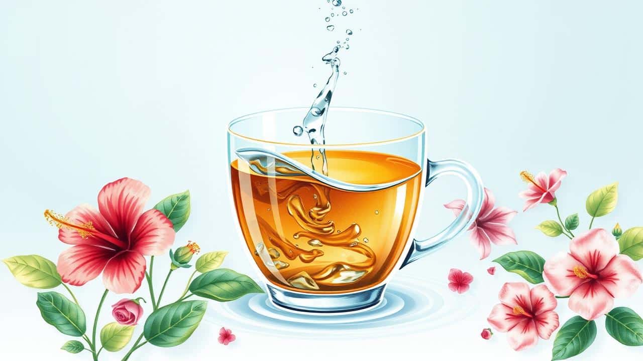 Ilustração de água fluindo de xícara de chá, dissolvendo inchaço e toxinas, com hibisco, cavalinha e dente-de-leão.