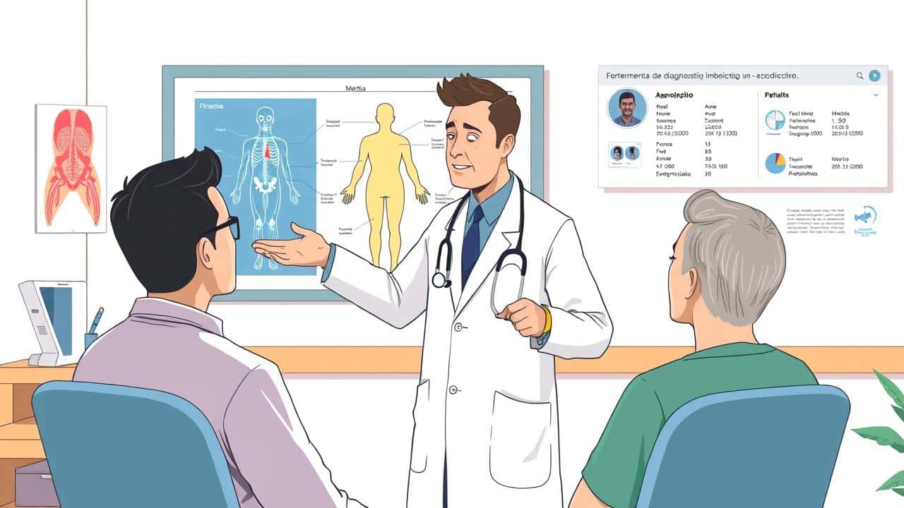 Ilustração de consultório médico com médico e paciente, focado na explicação do diagnóstico com diagrama e ferramentas de exames.