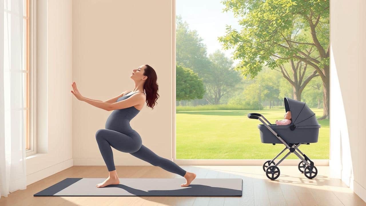 Ilustração de mãe em exercícios pós-parto, como ioga suave ou caminhada, em ambiente tranquilo.