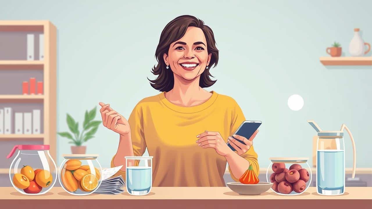 Ilustração de mãe organizada com planner, lanches saudáveis e água, em ambiente doméstico.