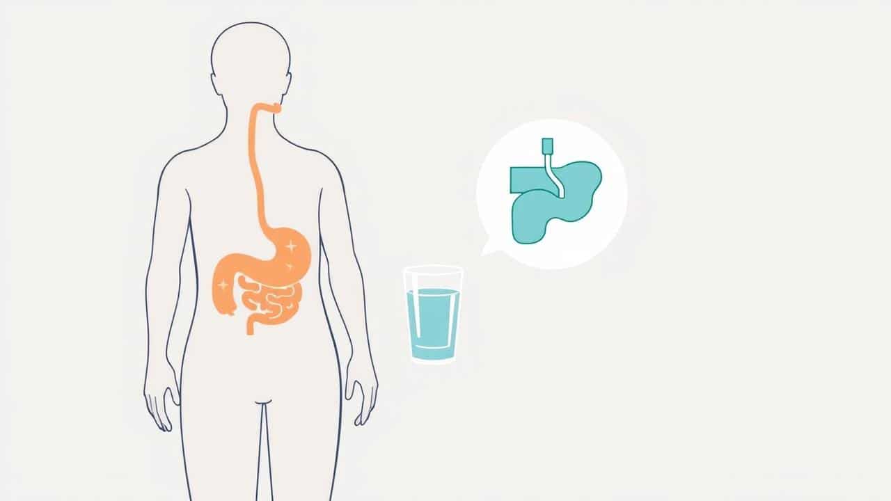 Ilustração de paciente com desconforto gastrointestinal, com símbolos de pâncreas e tireoide e um copo d'água.