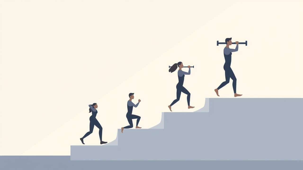 Ilustração de progresso na calistenia com figuras em escada, de flexão de joelho a barra, simbolizando evolução.