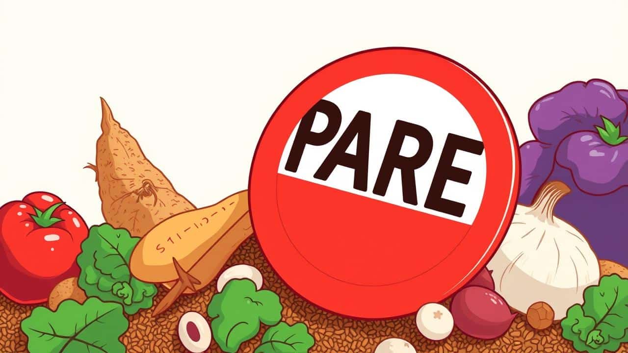 Ilustração de sinal de 'PARE' sobre vegetais de alto carboidrato a serem evitados.