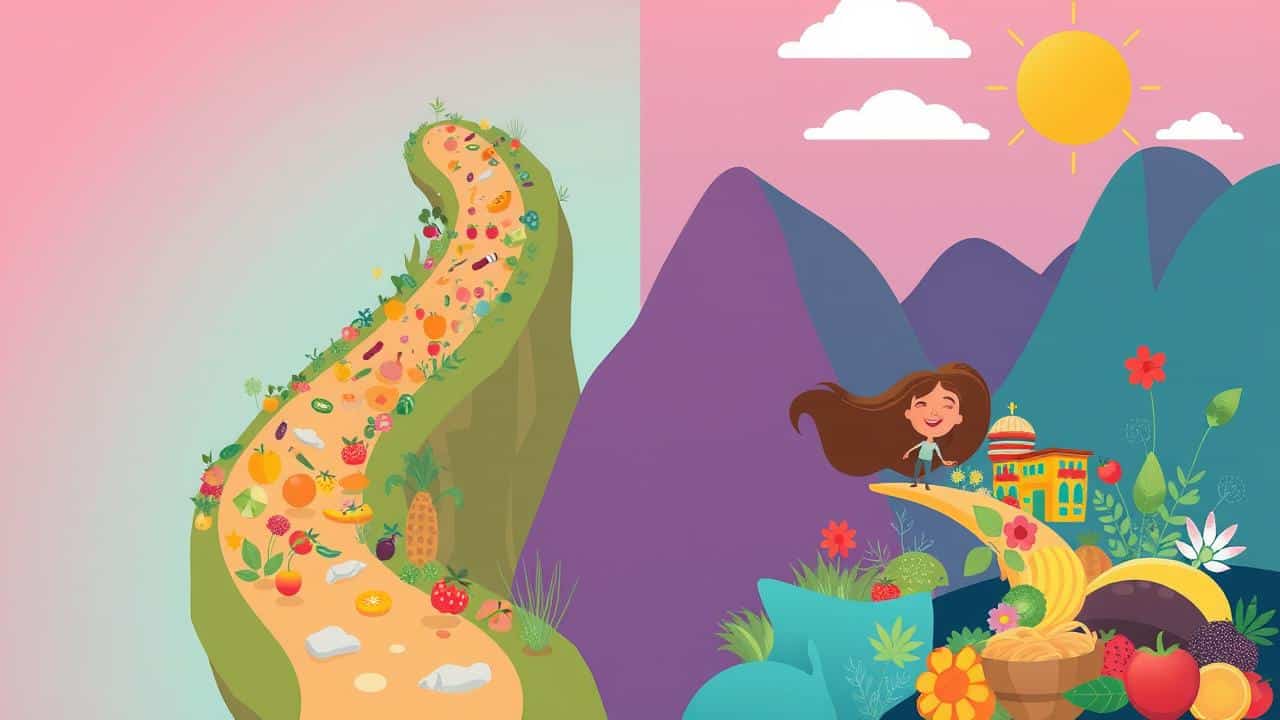 Ilustração de um caminho de bem-estar duradouro com alimentos saudáveis, contrastando com o de dietas restritivas.