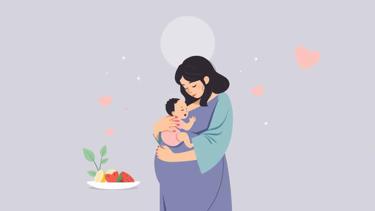 Ilustração de uma mãe serena com bebê, cercada por símbolos de saúde e bem-estar.