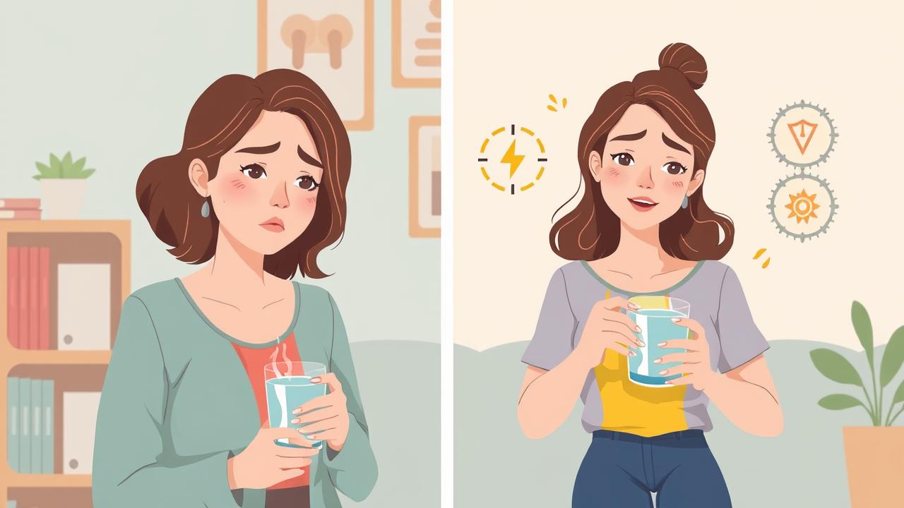 Ilustração de uma pessoa superando a 'gripe keto' através de hidratação e eletrólitos, mostrando transição de cansaço para vitalidade.