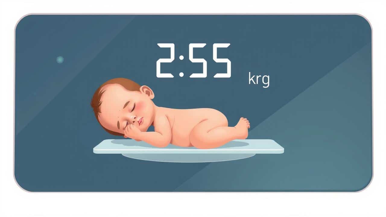 Ilustração digital de balança de bebê com recém-nascido e leitura de peso visual.