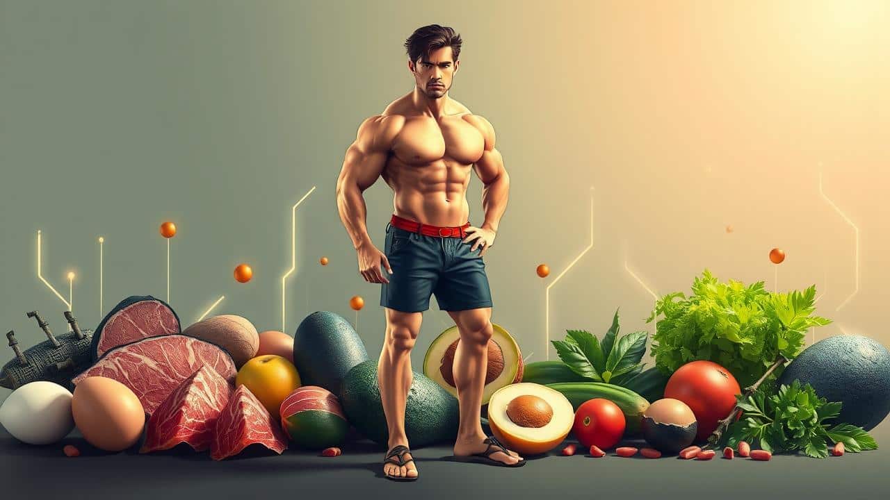 Ilustração digital de físico musculoso com alimentos low carb e elementos tecnológicos, simbolizando transformação corporal e planejamento.