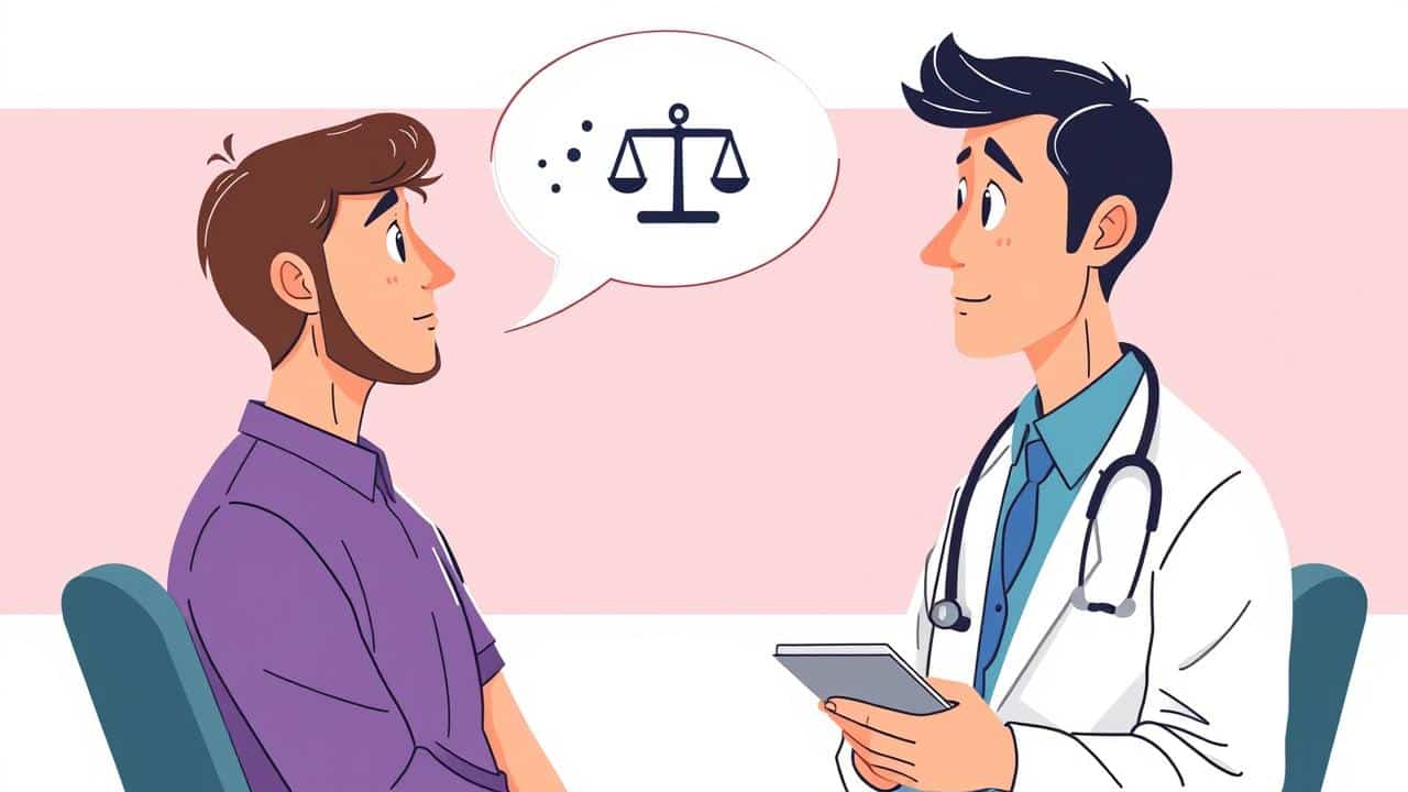 Ilustração digital de paciente preocupado conversando com médico em consultório, simbolizando consulta e confiança.